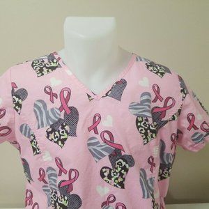 Scrub Top Nurse Breast Cancer Ribbon Vet Tech Sz M